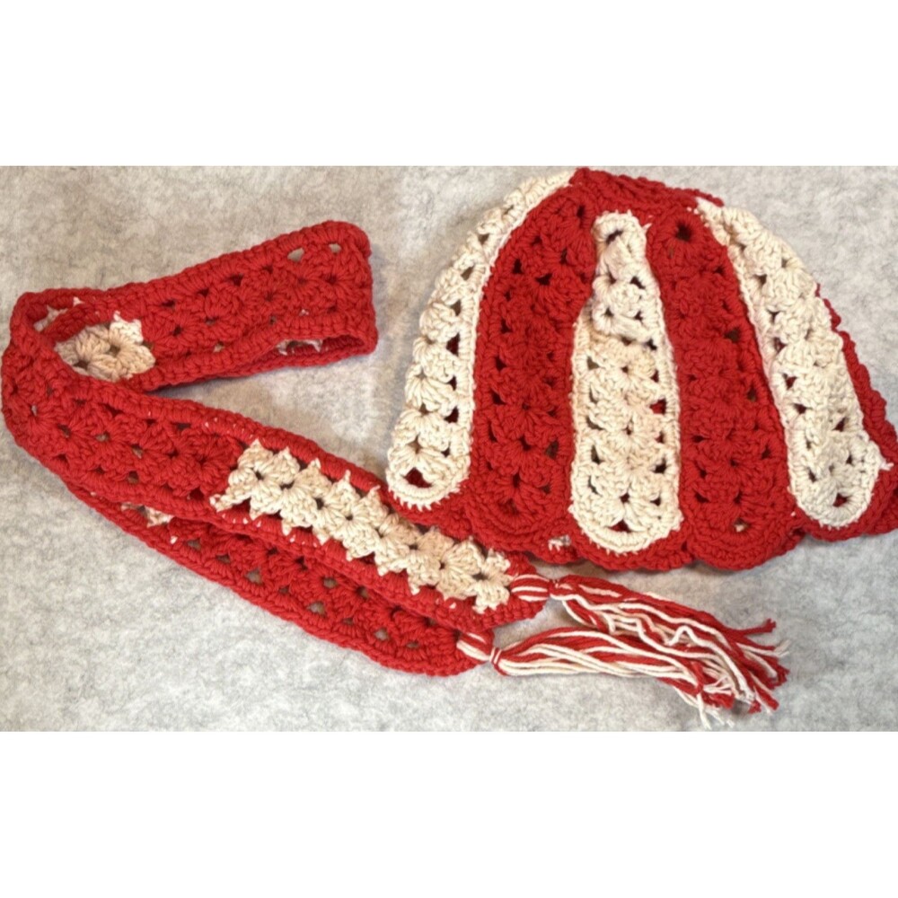 Handmade Red & White Striped Crochet Beanie Hat & Scarf Set Tassel One Size